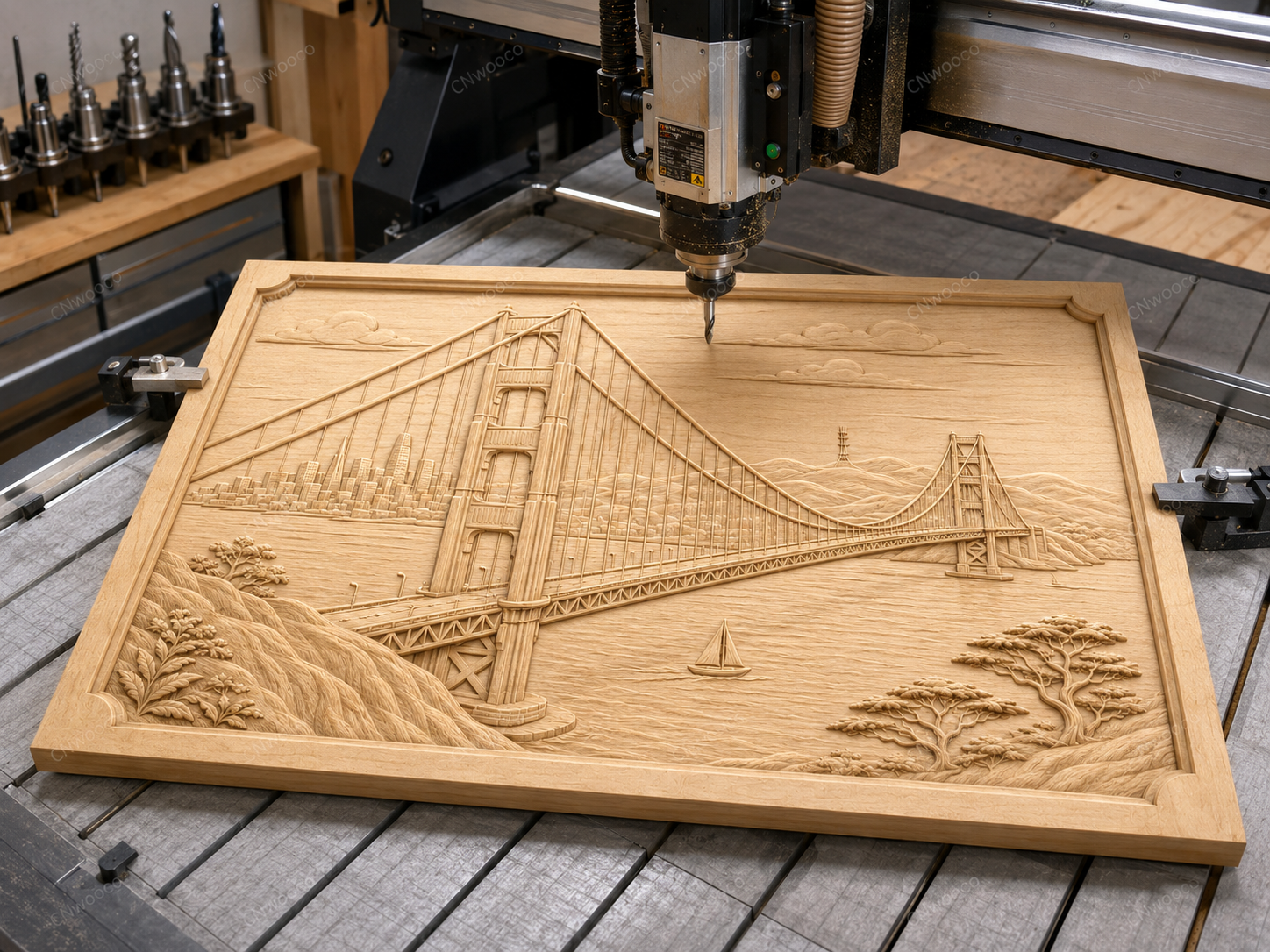 CNC & impression 3D relief pont Golden Gate, San Francisco skyline, baie et voilier, sculpture bois fichier STL de haute qualité