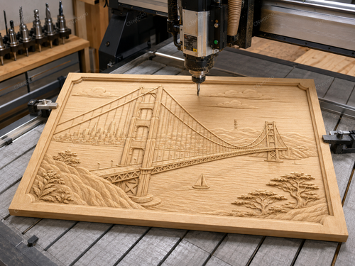 CNC & impression 3D relief pont Golden Gate, San Francisco skyline, baie et voilier, sculpture bois fichier STL de haute qualité