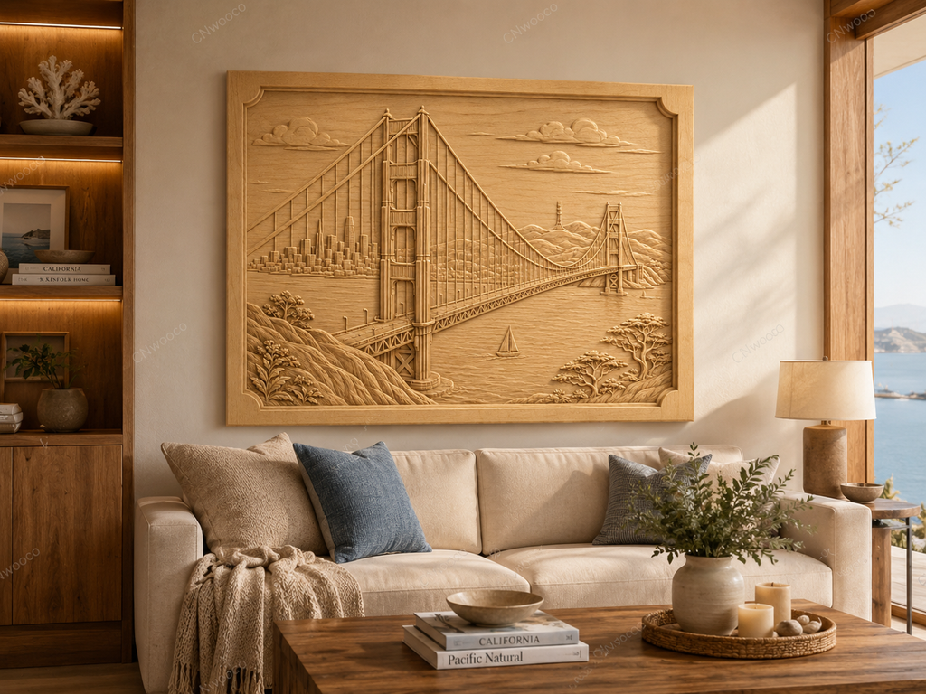 CNC & impression 3D relief pont Golden Gate, San Francisco skyline, baie et voilier, sculpture bois fichier STL de haute qualité