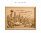 CNC & impression 3D relief Seattle skyline, Space Needle, mont Rainier et ferry, sculpture bois fichier STL haute qualité