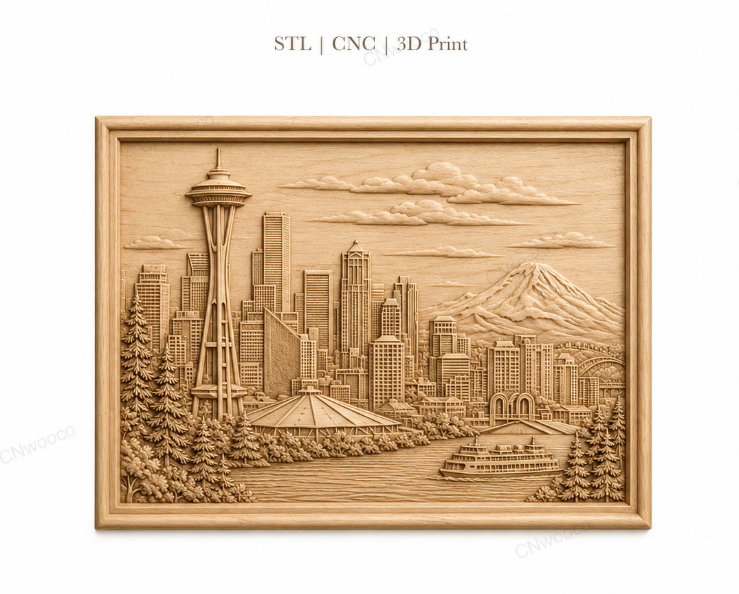 CNC & impression 3D relief Seattle skyline, Space Needle, mont Rainier et ferry, sculpture bois fichier STL haute qualité