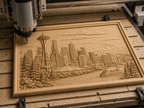 CNC & impression 3D relief Seattle skyline, Space Needle, mont Rainier et ferry, sculpture bois fichier STL haute qualité