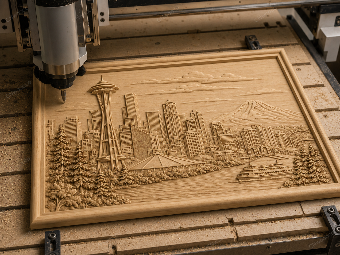 CNC & impression 3D relief Seattle skyline, Space Needle, mont Rainier et ferry, sculpture bois fichier STL haute qualité