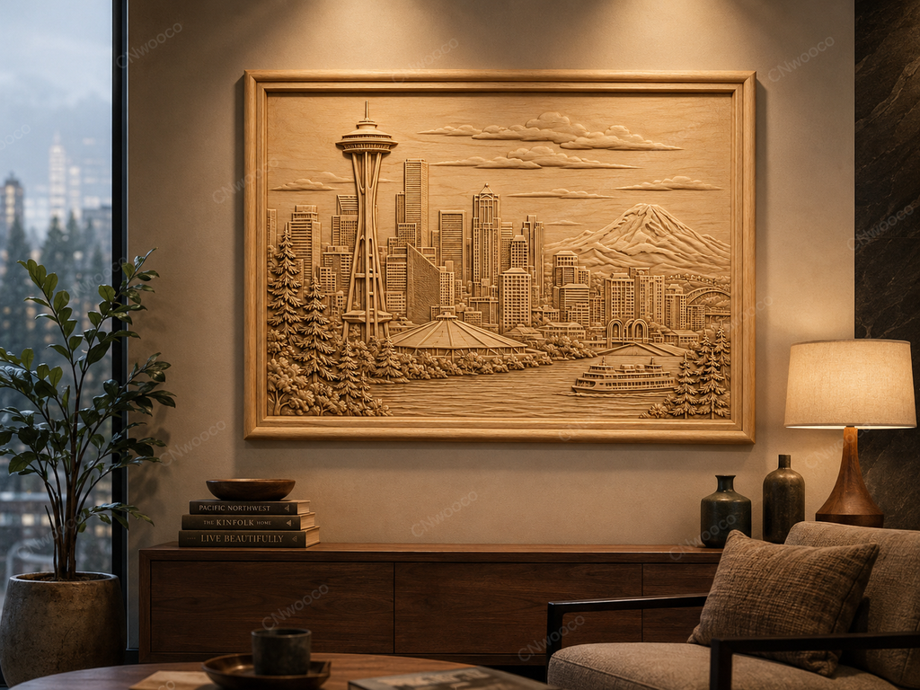 CNC & impression 3D relief Seattle skyline, Space Needle, mont Rainier et ferry, sculpture bois fichier STL haute qualité