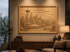 CNC & impression 3D relief Seattle skyline, Space Needle, mont Rainier et ferry, sculpture bois fichier STL haute qualité