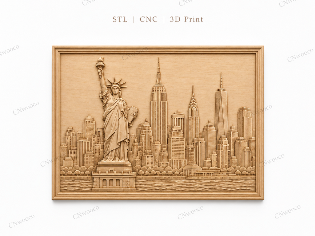CNC & impression 3D relief New York skyline, Statue de la Liberté, gratte-ciel, sculpture bois fichier STL haute qualité