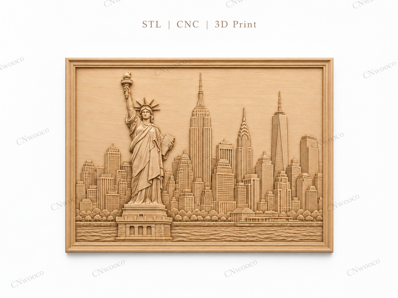 CNC & impression 3D relief New York skyline, Statue de la Liberté, gratte-ciel, sculpture bois fichier STL haute qualité