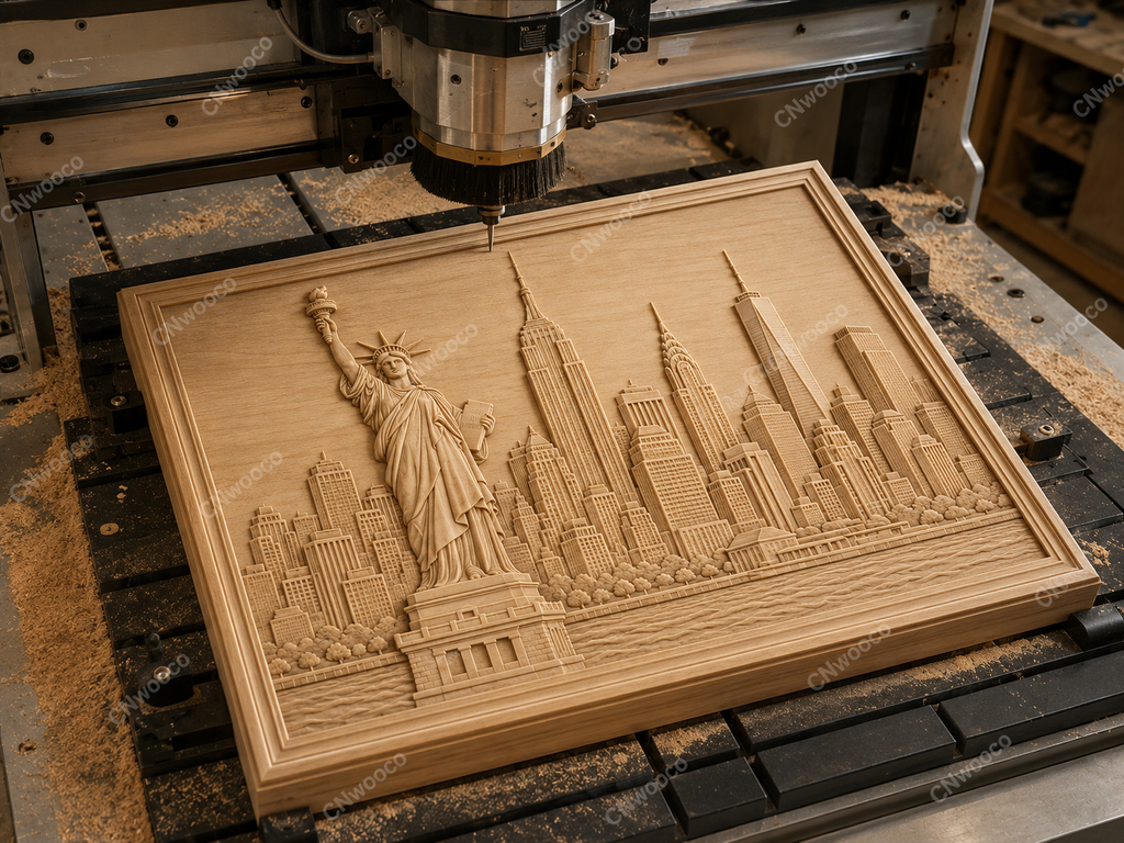 CNC & impression 3D relief New York skyline, Statue de la Liberté, gratte-ciel, sculpture bois fichier STL haute qualité
