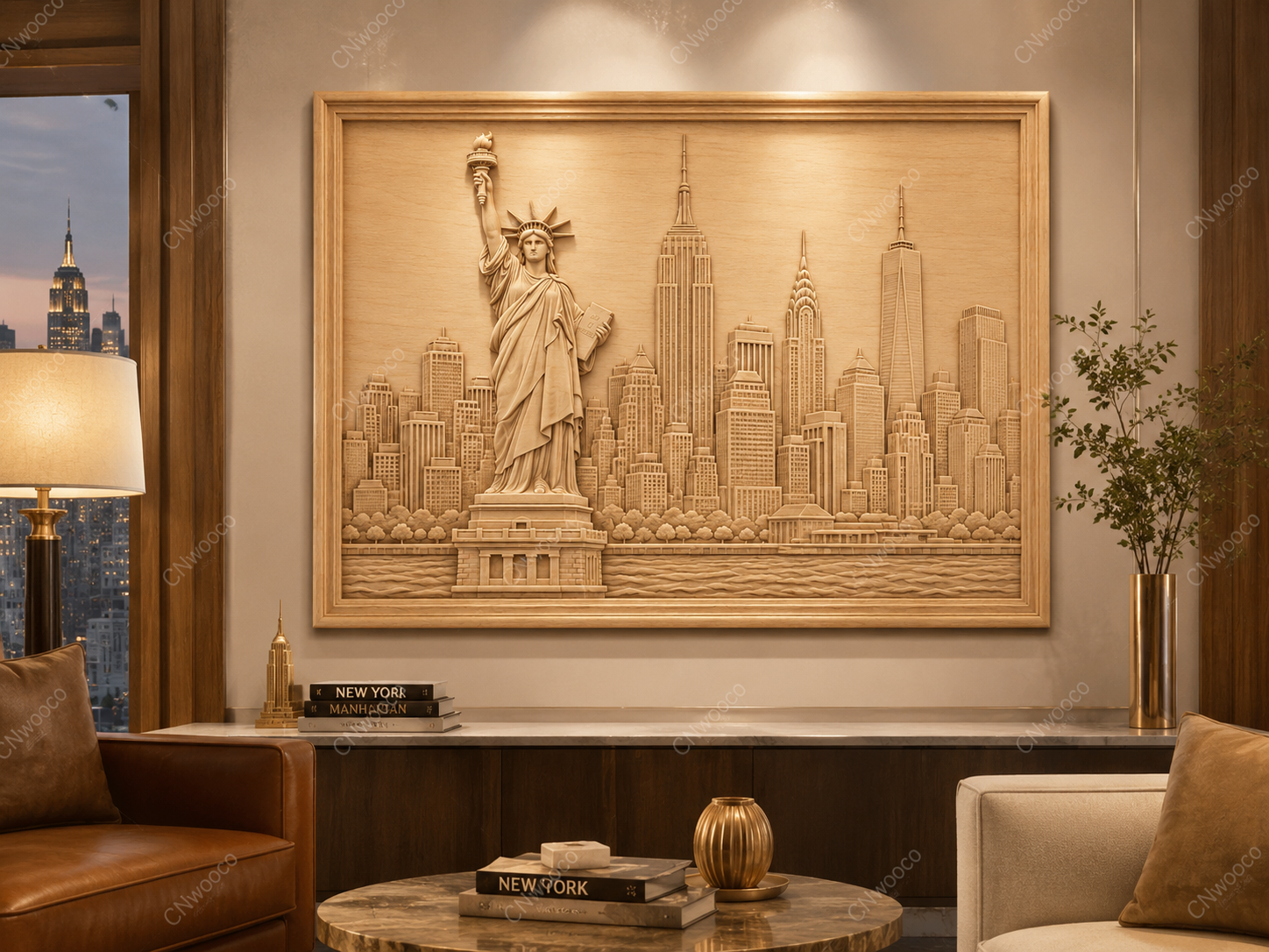 CNC & impression 3D relief New York skyline, Statue de la Liberté, gratte-ciel, sculpture bois fichier STL haute qualité
