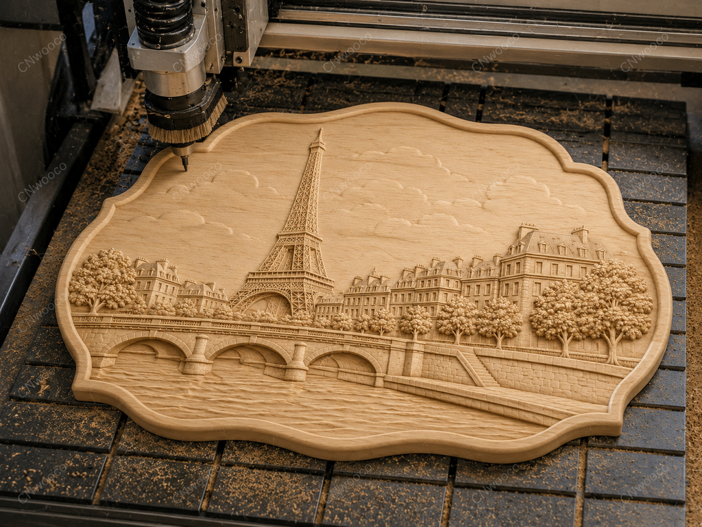 CNC & impression 3D relief Tour Eiffel Paris, pont sur la Seine, architecture française, sculpture bois fichier STL haute qualité
