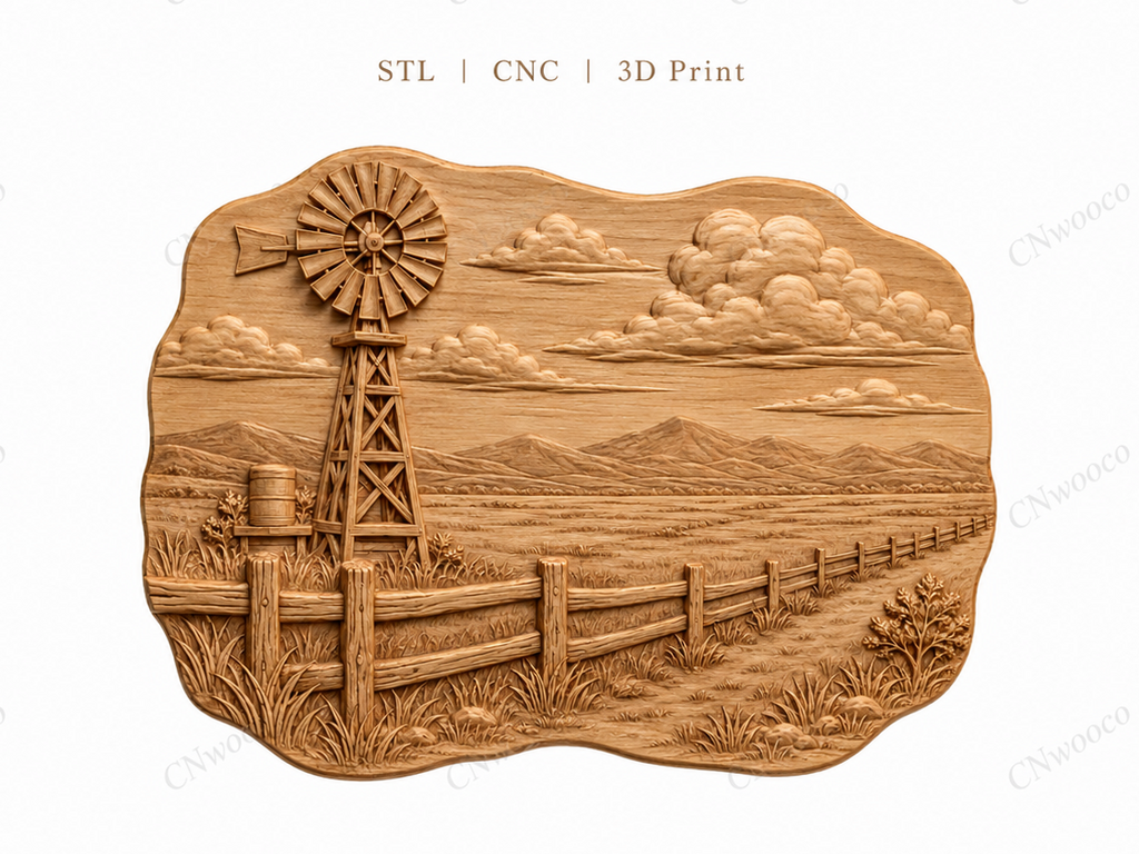 CNC & impression 3D relief moulin à vent rural, clôture ranch et montagnes, sculpture bois fichier STL