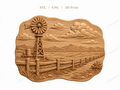 CNC & impression 3D relief moulin à vent rural, clôture ranch et montagnes, sculpture bois fichier STL