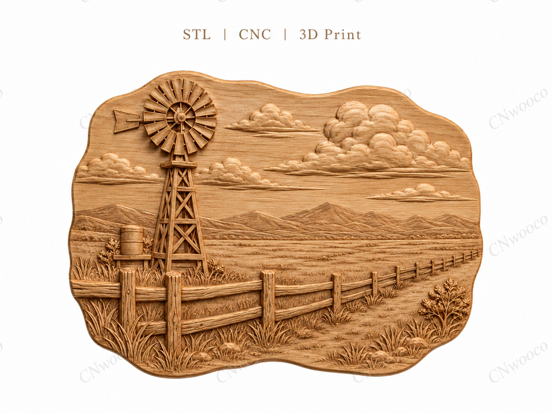 CNC & impression 3D relief moulin à vent rural, clôture ranch et montagnes, sculpture bois fichier STL