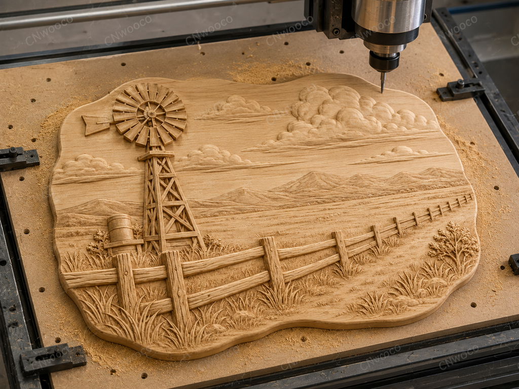CNC & impression 3D relief moulin à vent rural, clôture ranch et montagnes, sculpture bois fichier STL