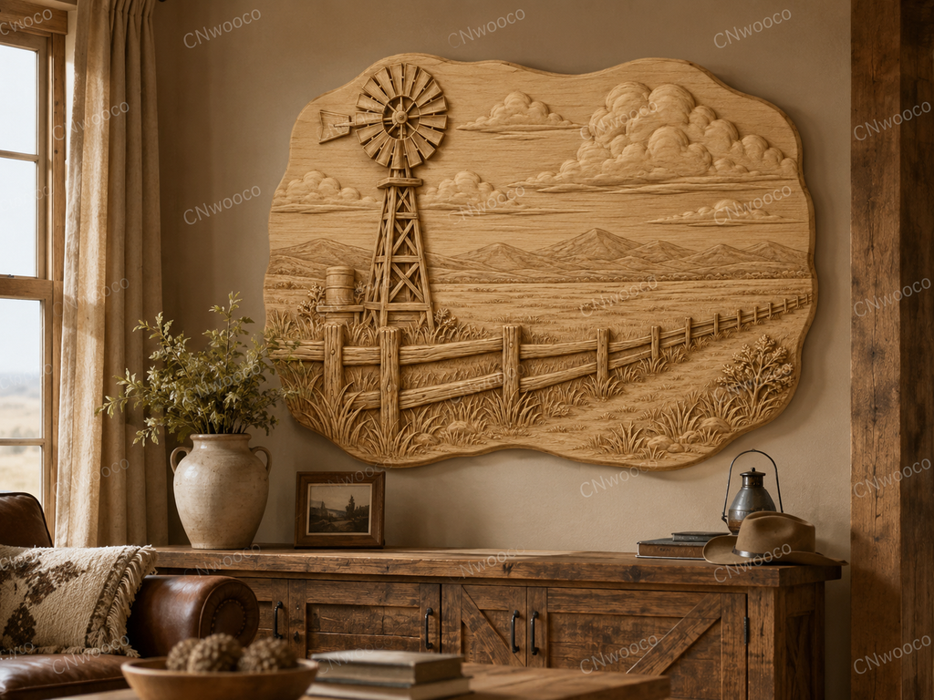 CNC & impression 3D relief moulin à vent rural, clôture ranch et montagnes, sculpture bois fichier STL
