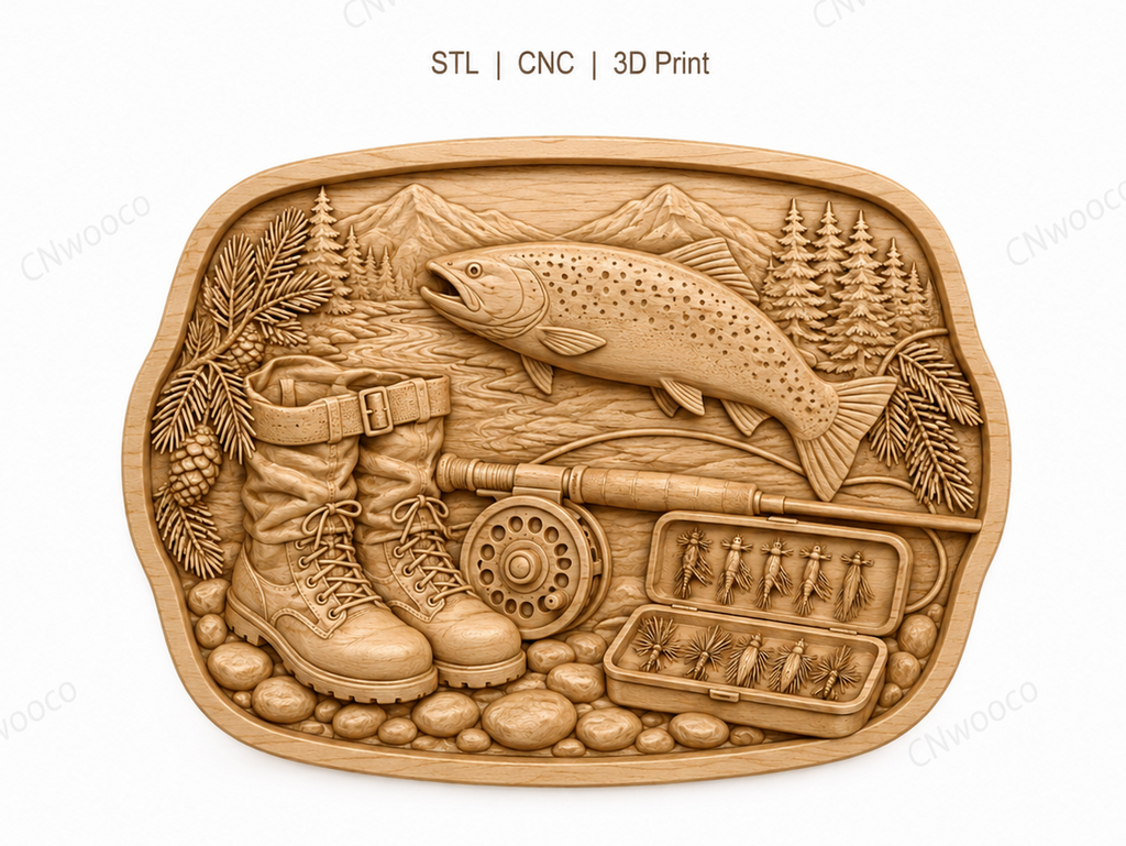 CNC & impression 3D relief pêche à la truite, fly fishing, décor pêcheur, fichier STL très haute qualité