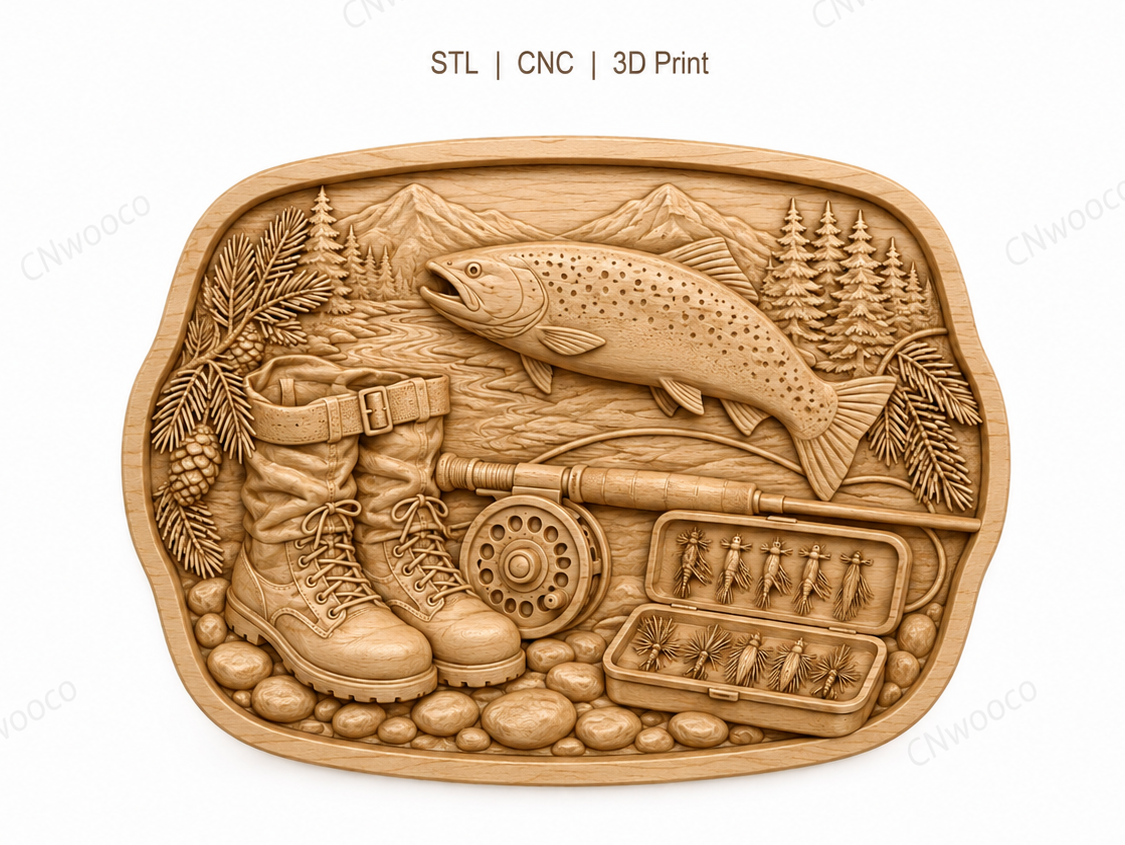 CNC & impression 3D relief pêche à la truite, fly fishing, décor pêcheur, fichier STL très haute qualité