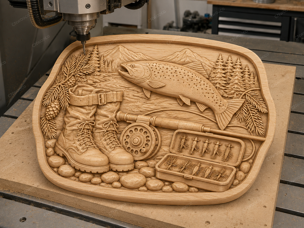 CNC & impression 3D relief pêche à la truite, fly fishing, décor pêcheur, fichier STL très haute qualité