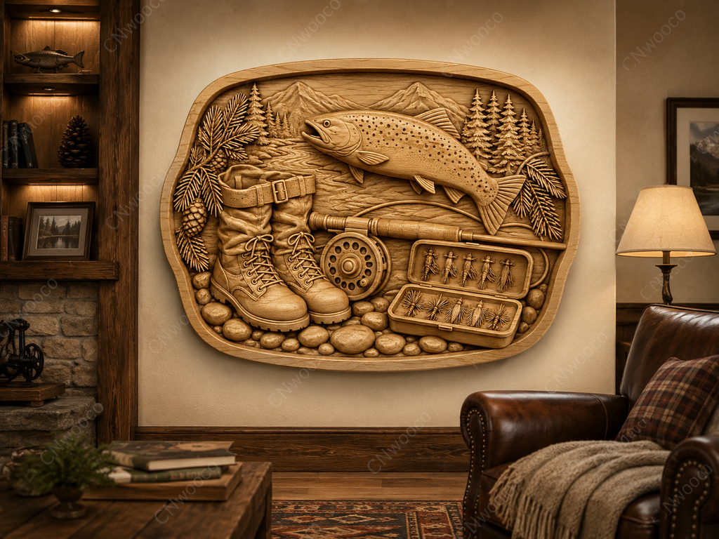 CNC & impression 3D relief pêche à la truite, fly fishing, décor pêcheur, fichier STL très haute qualité