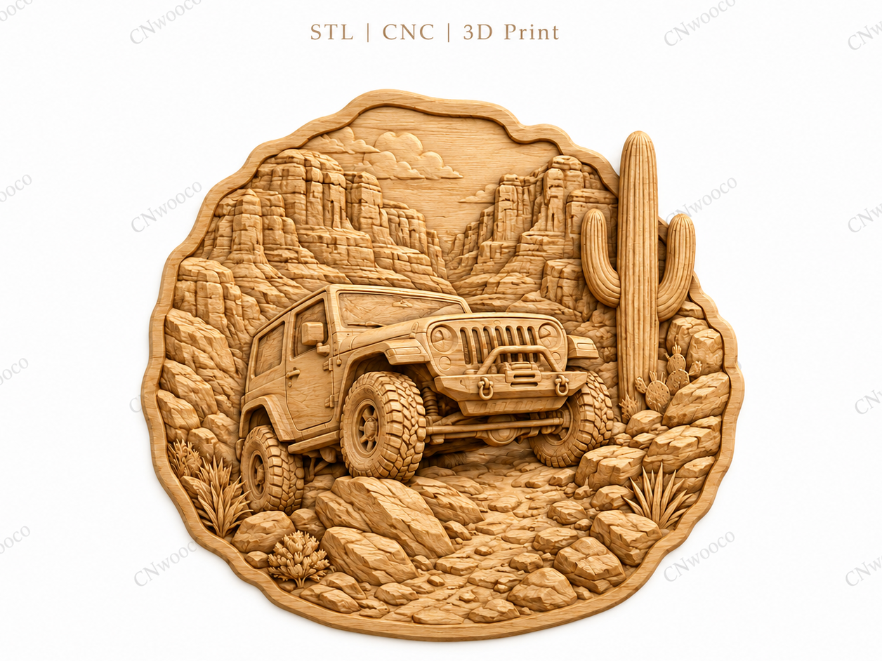 CNC & impression 3D relief 4x4 tout-terrain désert western, cactus canyon, fichier bois sculpté STL très haute qualité