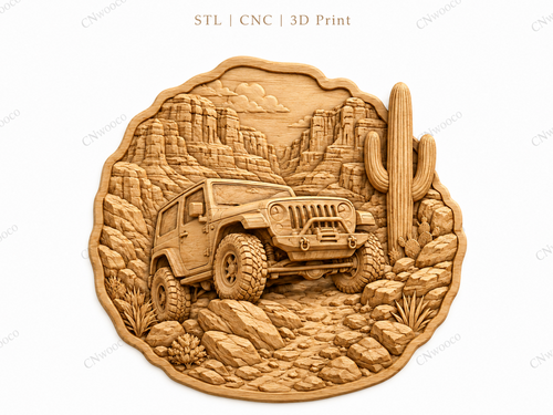 CNC & impression 3D relief 4x4 tout-terrain désert western, cactus canyon, fichier bois sculpté STL très haute qualité