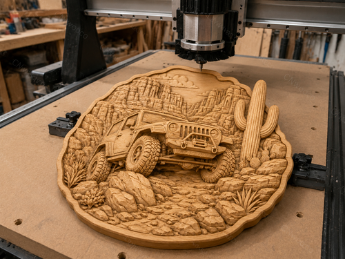 CNC & impression 3D relief 4x4 tout-terrain désert western, cactus canyon, fichier bois sculpté STL très haute qualité