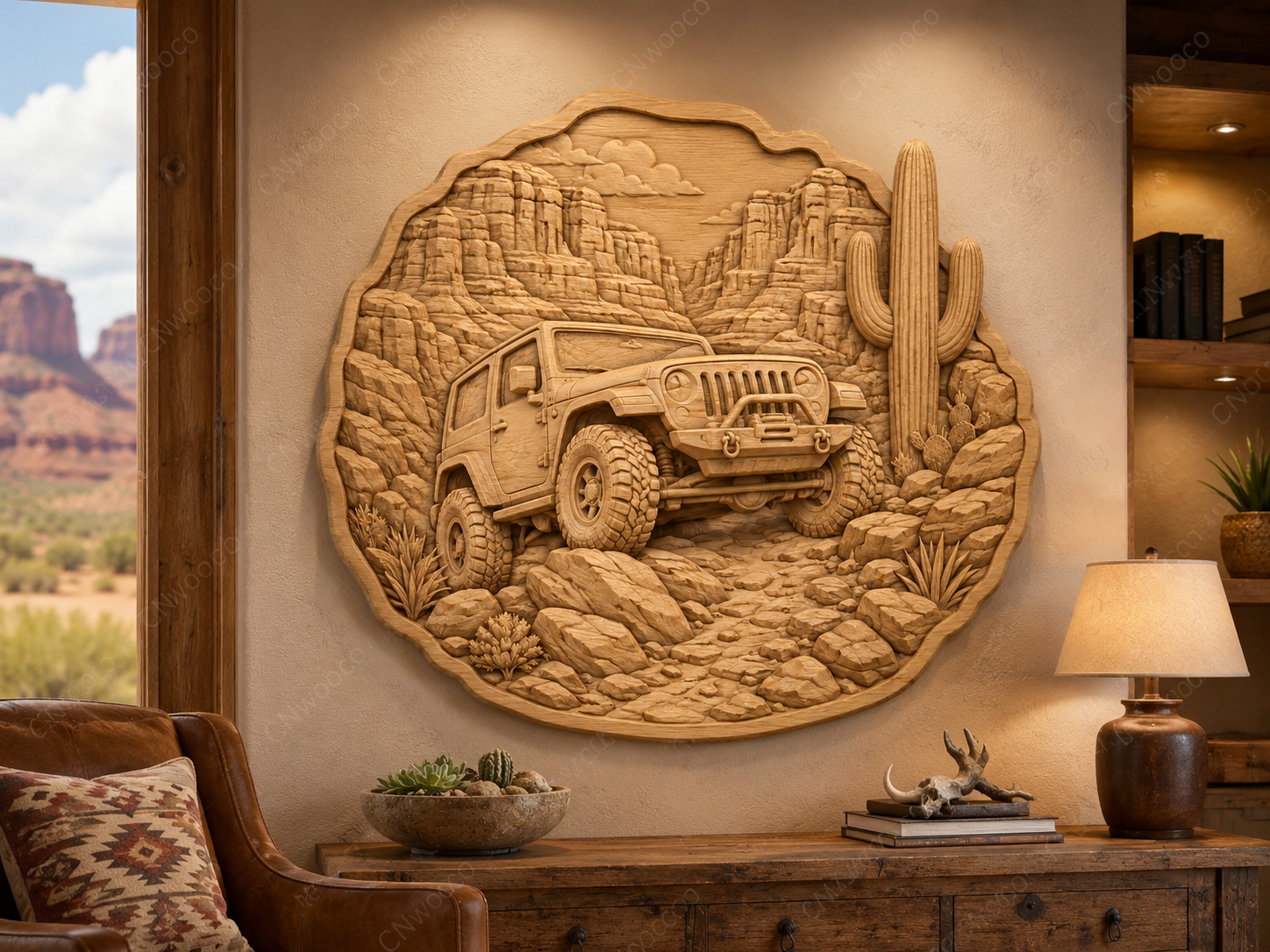 CNC & impression 3D relief 4x4 tout-terrain désert western, cactus canyon, fichier bois sculpté STL très haute qualité