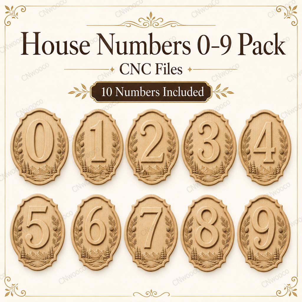 Fichier CNC pack chiffres 0 à 9, numéros de maison en bois, plaques adresse montagne, STL très haute qualité