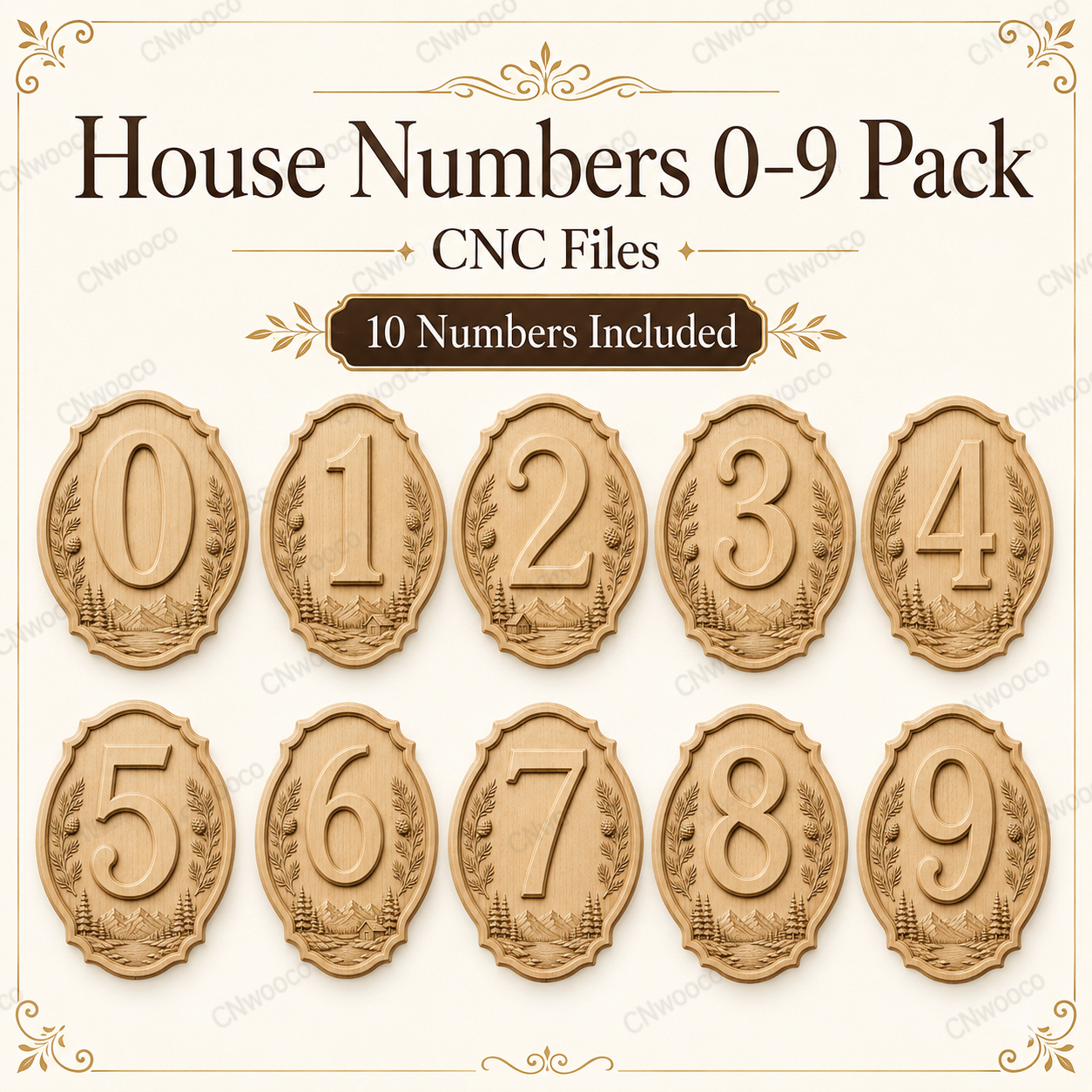 Fichier CNC pack chiffres 0 à 9, numéros de maison en bois, plaques adresse montagne, STL très haute qualité