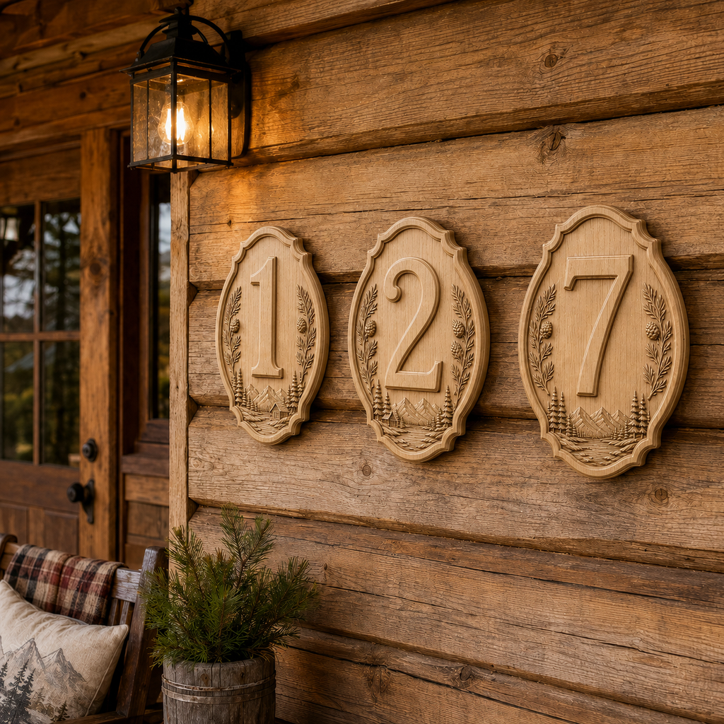 Fichier CNC pack chiffres 0 à 9, numéros de maison en bois, plaques adresse montagne, STL très haute qualité