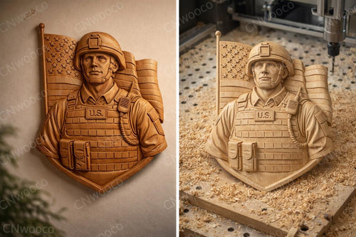 Fichier CNC soldat USA drapeau, bas-relief bois militaire patriotique, décoration murale, cadeau vétéran, modèle gravure 3D STL
