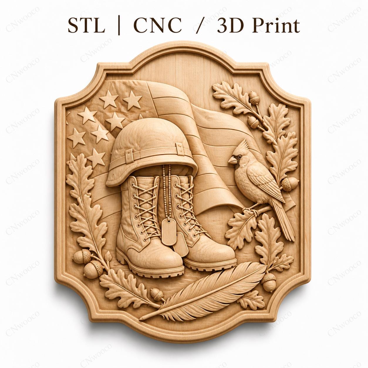 CNC- und 3D-Reliefdruck-Militärstiefel mit Flagge und Kardinal, sehr hochwertige STL-Datei