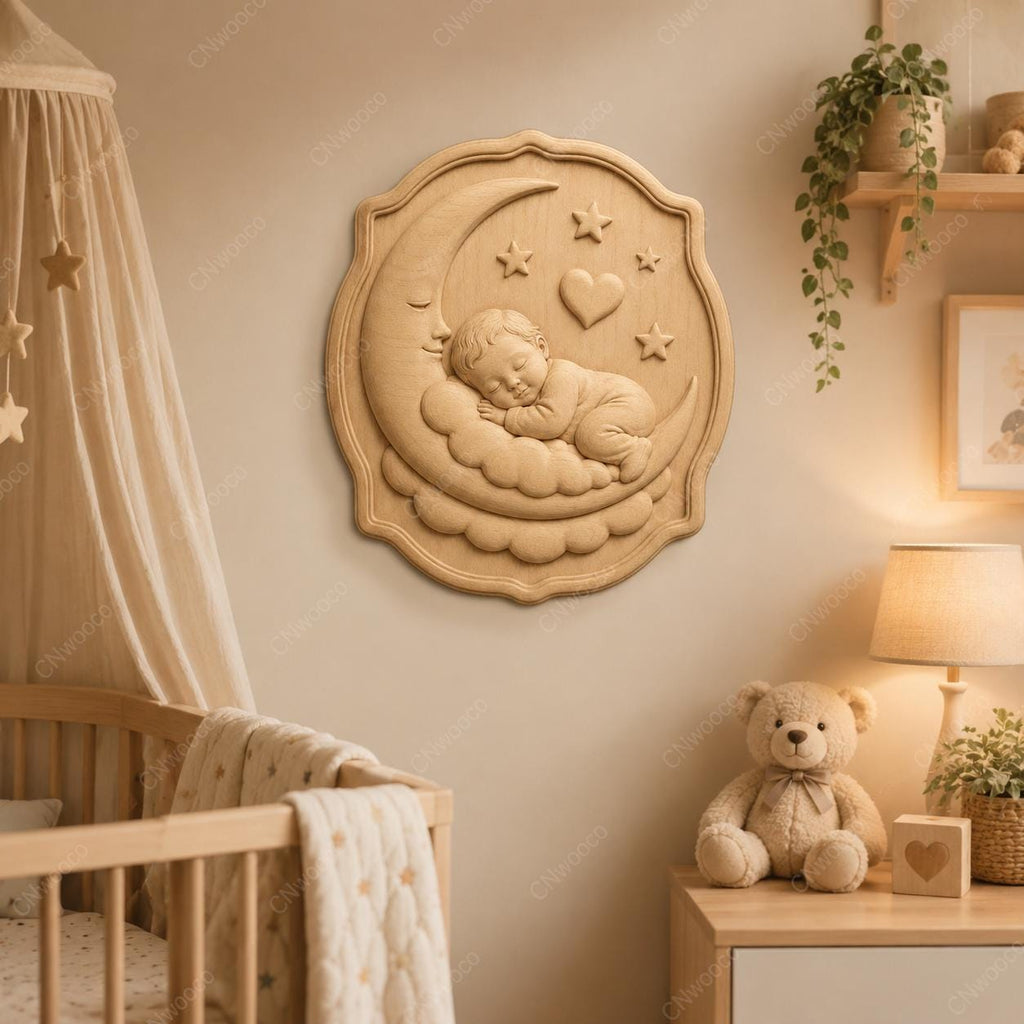 CNC & 3D-Druck, schlafendes Baby auf Mond Relief, Kinderzimmer Deko für Holzgravur, hochwertiges STL