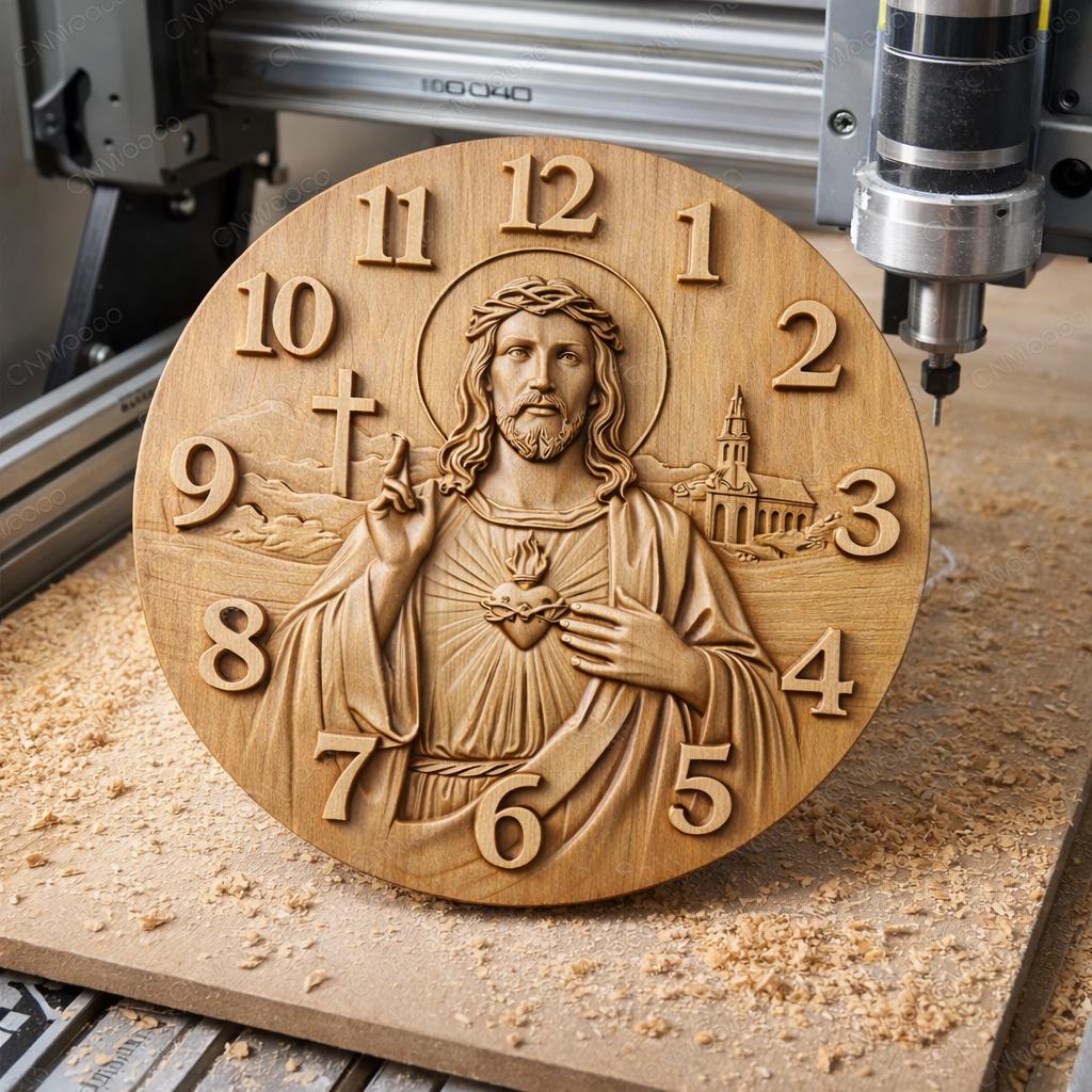 Fichier CNC horloge Jésus Sacré-Cœur – bas-relief chrétien pour sculpture bois, décoration murale religieuse STL