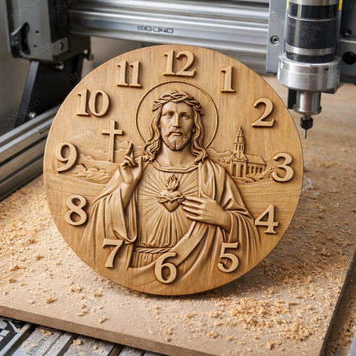 Fichier CNC horloge Jésus Sacré-Cœur – bas-relief chrétien pour sculpture bois, décoration murale religieuse STL