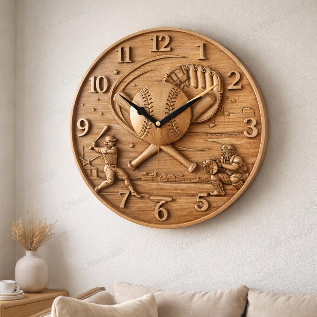 Fichier CNC horloge baseball – bas-relief sport pour sculpture bois, décoration murale STL