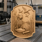 CNC & impression 3D relief chien de chasse avec canards et marais, fichier STL très haute qualité