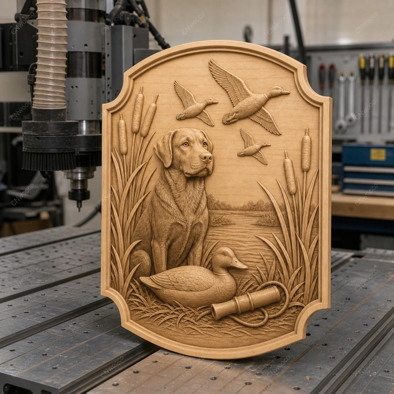 CNC & impression 3D relief chien de chasse avec canards et marais, fichier STL très haute qualité