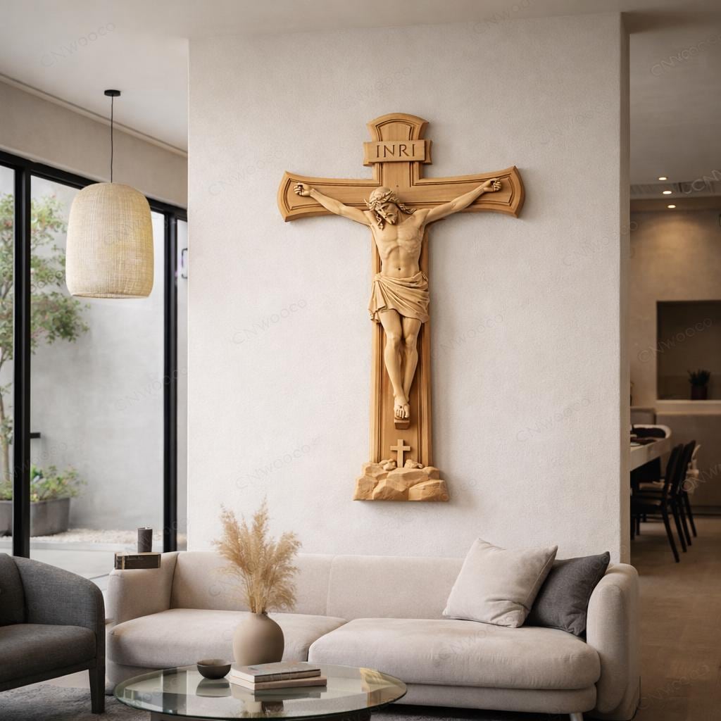Fichier CNC & impression 3D crucifix Jésus INRI – bas-relief croix chrétienne pour sculpture bois, décoration murale religieuse STL