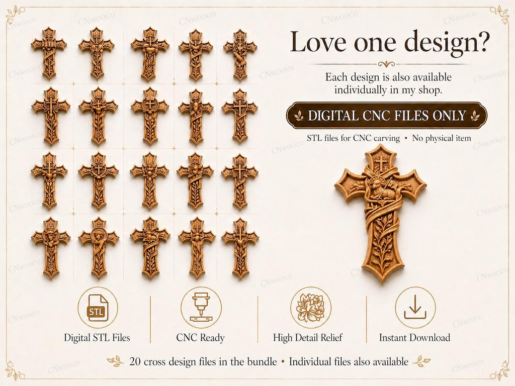 Fichier CNC & impression 3D pack 20 croix religieuses – bas-reliefs chrétiens pour sculpture bois, décoration murale STL