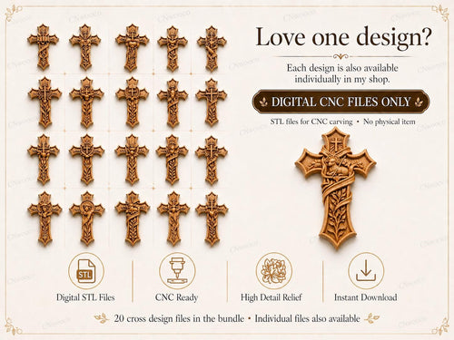 Fichier CNC & impression 3D pack 20 croix religieuses – bas-reliefs chrétiens pour sculpture bois, décoration murale STL