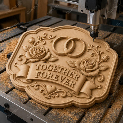 CNC & impression 3D relief mariage Together Forever avec alliances et roses, fichier pour gravure bois, STL de haute qualité