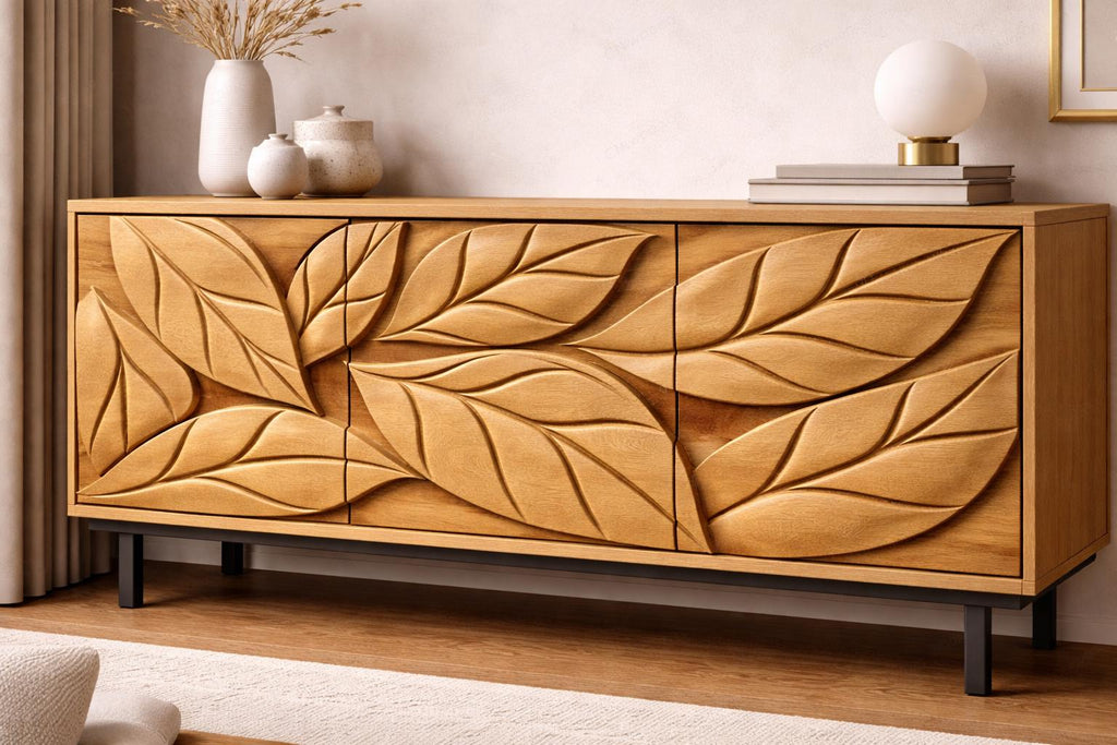 Fichier CNC panneau texture bois feuilles – bas-relief motif nature pour sculpture bois, design façade meuble et décoration murale STL