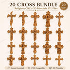 Fichier CNC & impression 3D pack 20 croix religieuses – bas-reliefs chrétiens pour sculpture bois, décoration murale STL