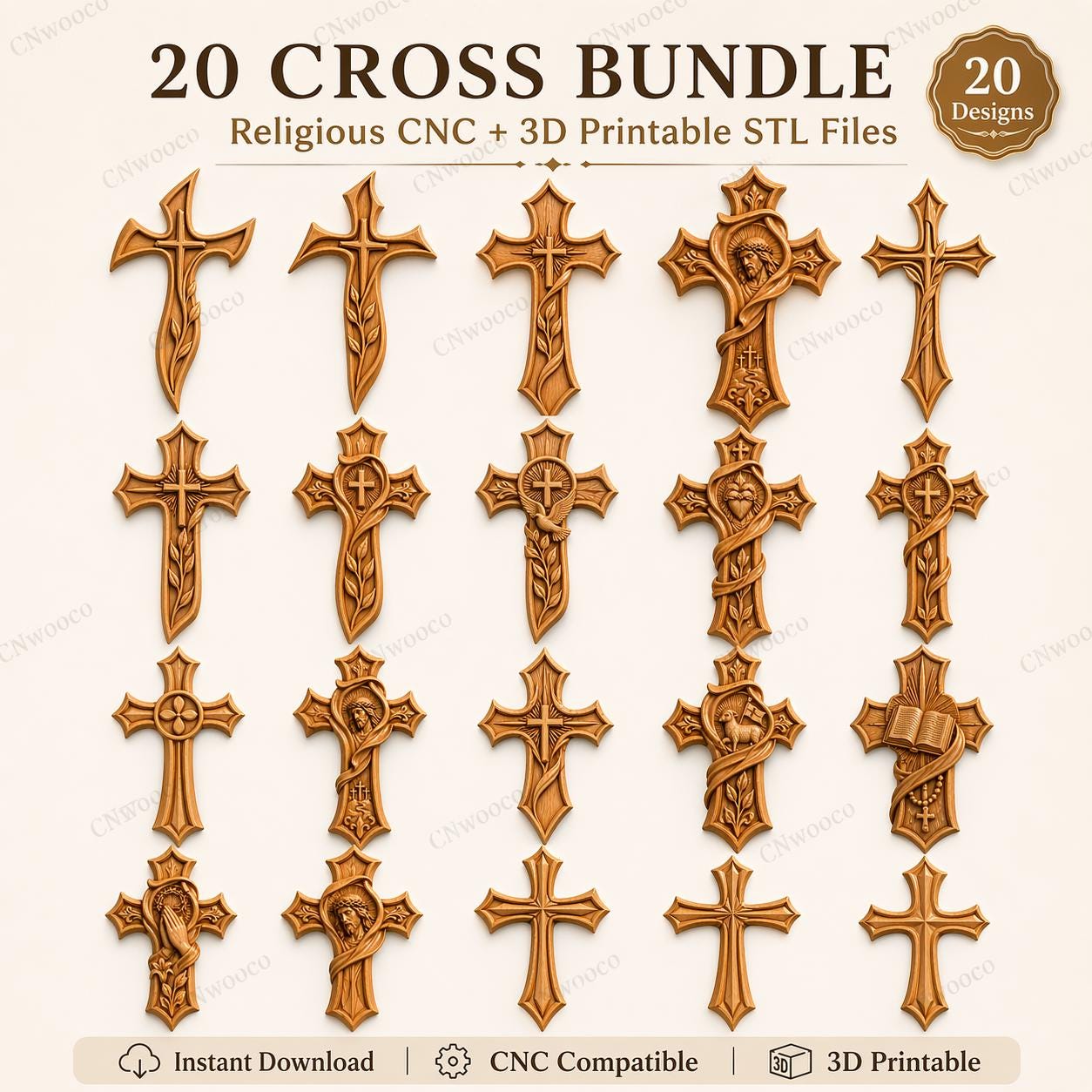 Fichier CNC & impression 3D pack 20 croix religieuses – bas-reliefs chrétiens pour sculpture bois, décoration murale STL