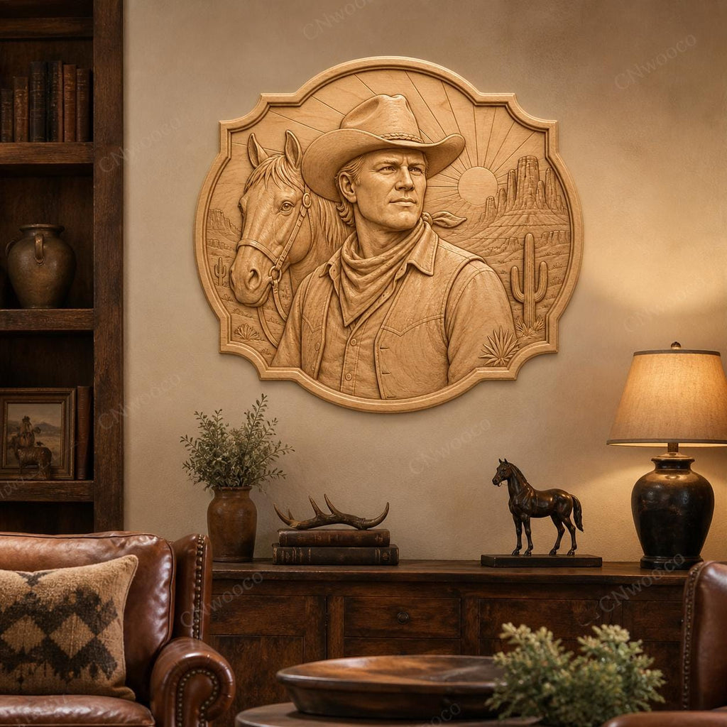 CNC & impression 3D cowboy avec cheval, STL haute qualité pour sculpture bois et décoration western