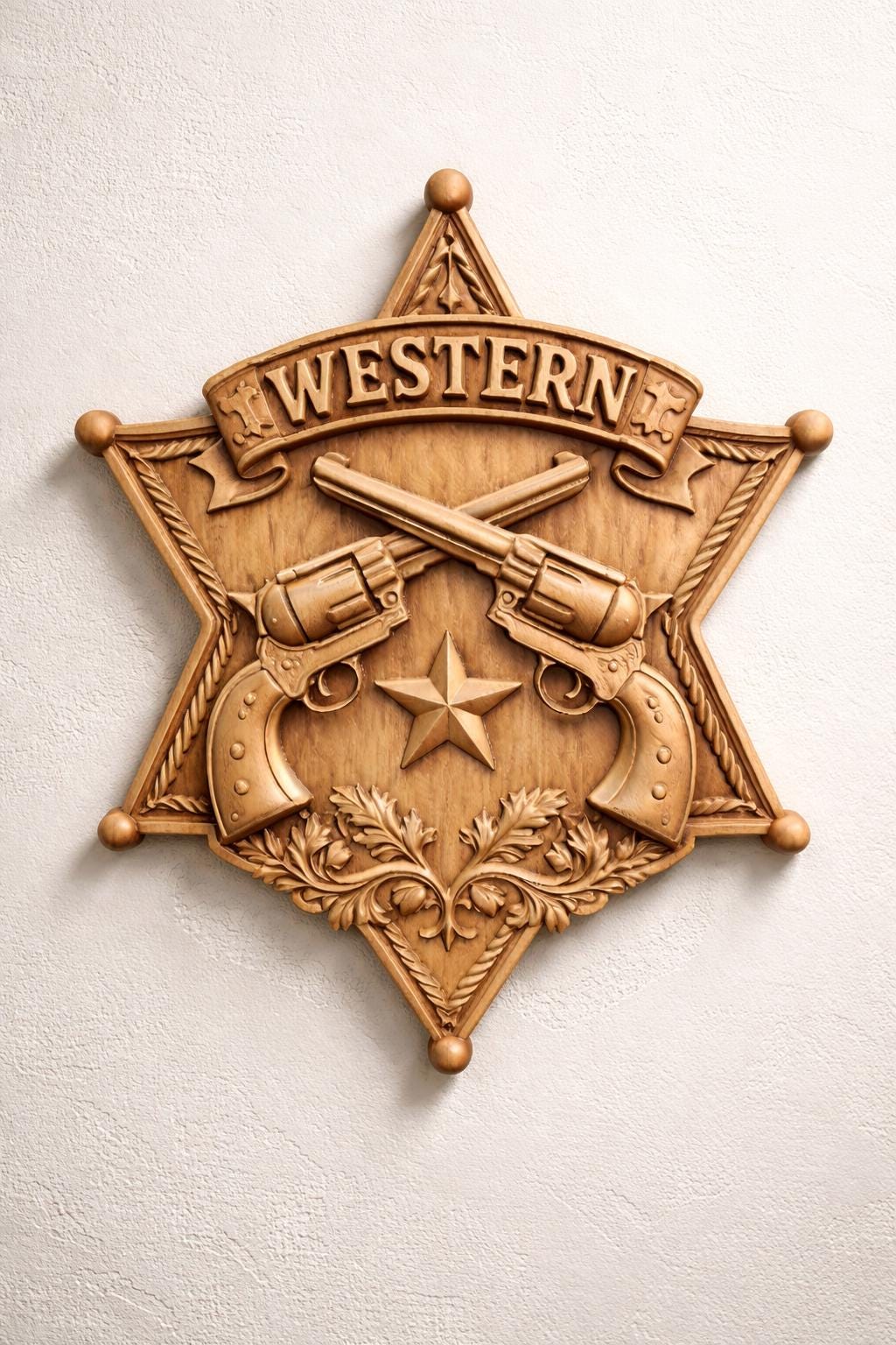 CNC-Datei Sheriffstern gekreuzte Revolver, Western Holzrelief, Cowboy Wanddekoration, Holzskulptur, 3D STL Gravurmodell