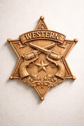 CNC-Datei Sheriffstern gekreuzte Revolver, Western Holzrelief, Cowboy Wanddekoration, Holzskulptur, 3D STL Gravurmodell