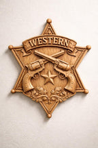 CNC-Datei Sheriffstern gekreuzte Revolver, Western Holzrelief, Cowboy Wanddekoration, Holzskulptur, 3D STL Gravurmodell
