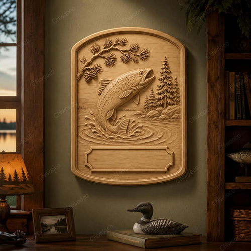 CNC & impression 3D relief poisson pêche en lac, fichier pour gravure bois, STL de haute qualité, à personnaliser